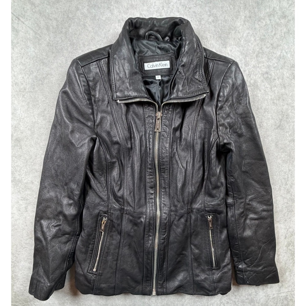 Calvin Klein Womens XS Genuine Leather Jacket Black Moto Zip Pockets Cuffs
